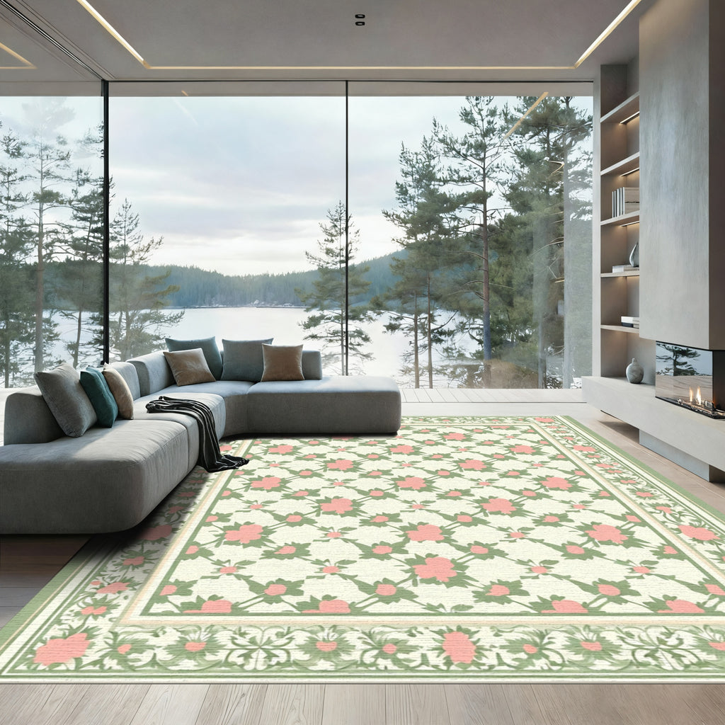 Pink Rose Lattice Garden Border Rug