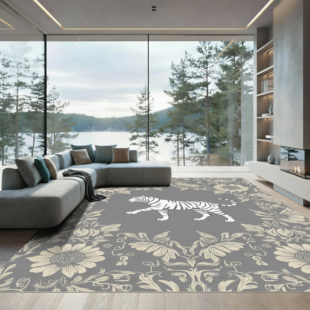 Ornate Floral Border Tiger Rug