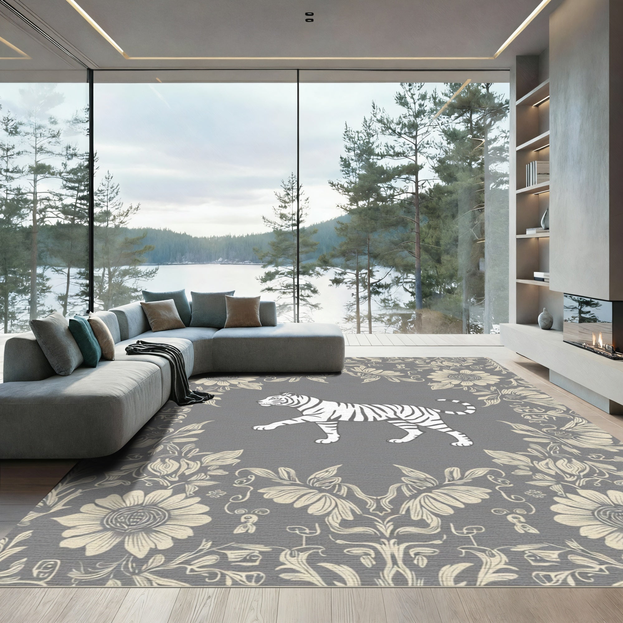 Ornate Floral Border Tiger Rug