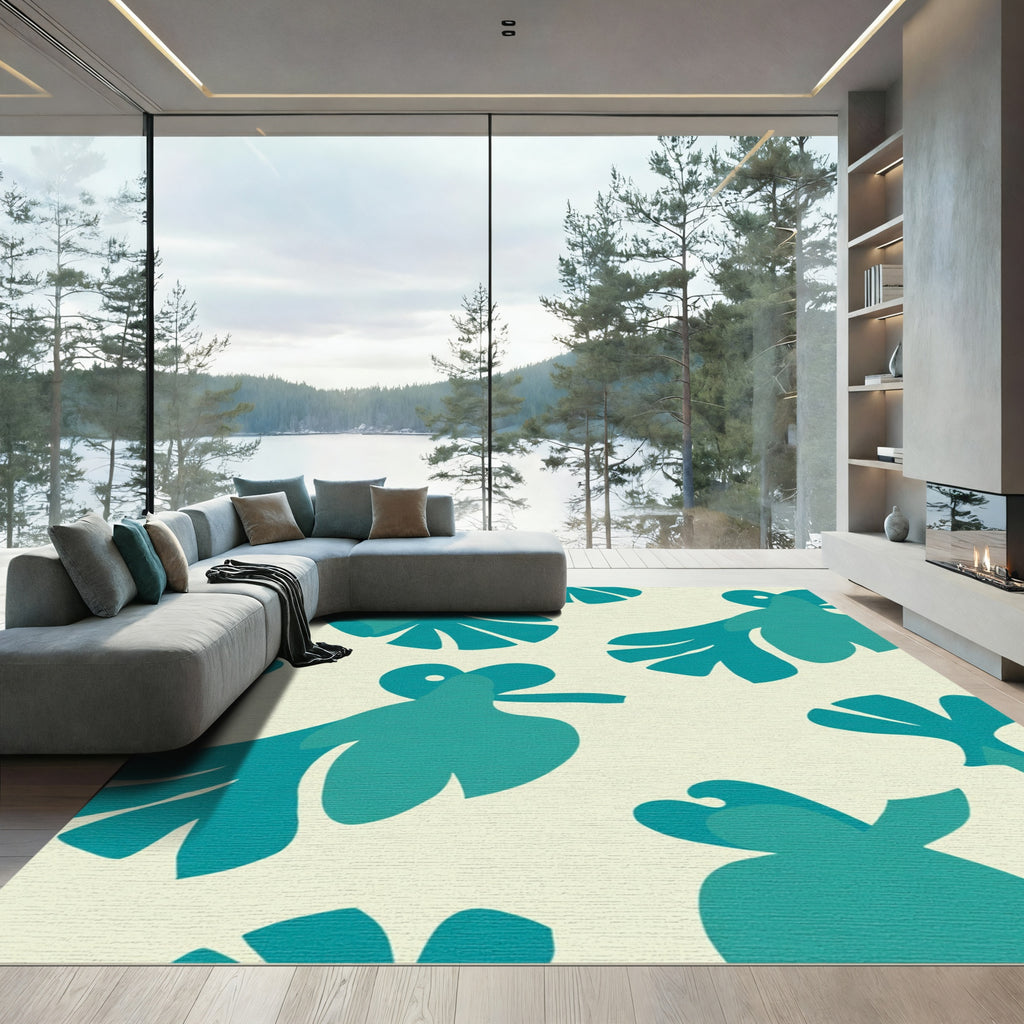 Teal Abstract Tropical Leaf Composition Rug