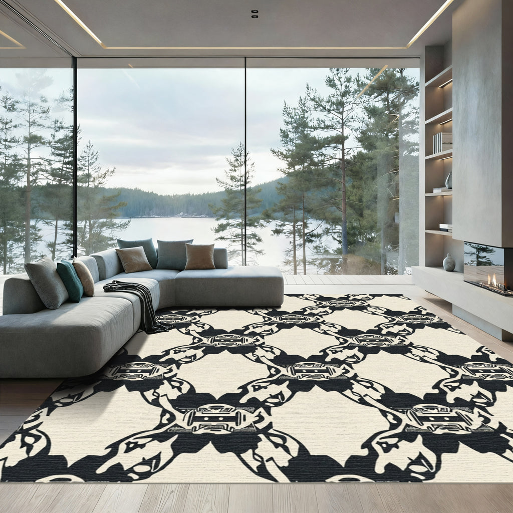 Black Cream Interlocking Abstract Forms Rug