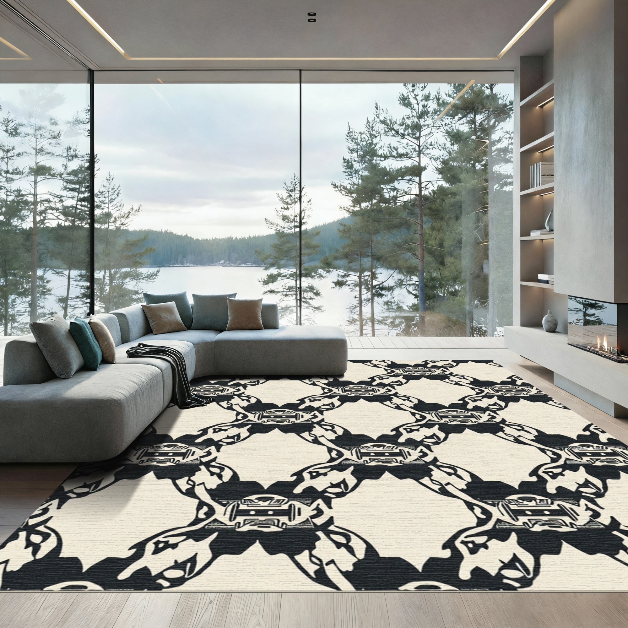 Black Cream Interlocking Abstract Forms Rug