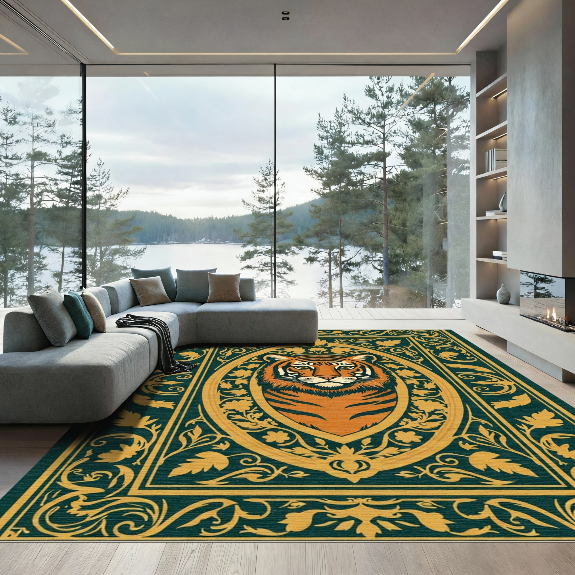 Regal Tiger Portrait Ornate Frame Rug
