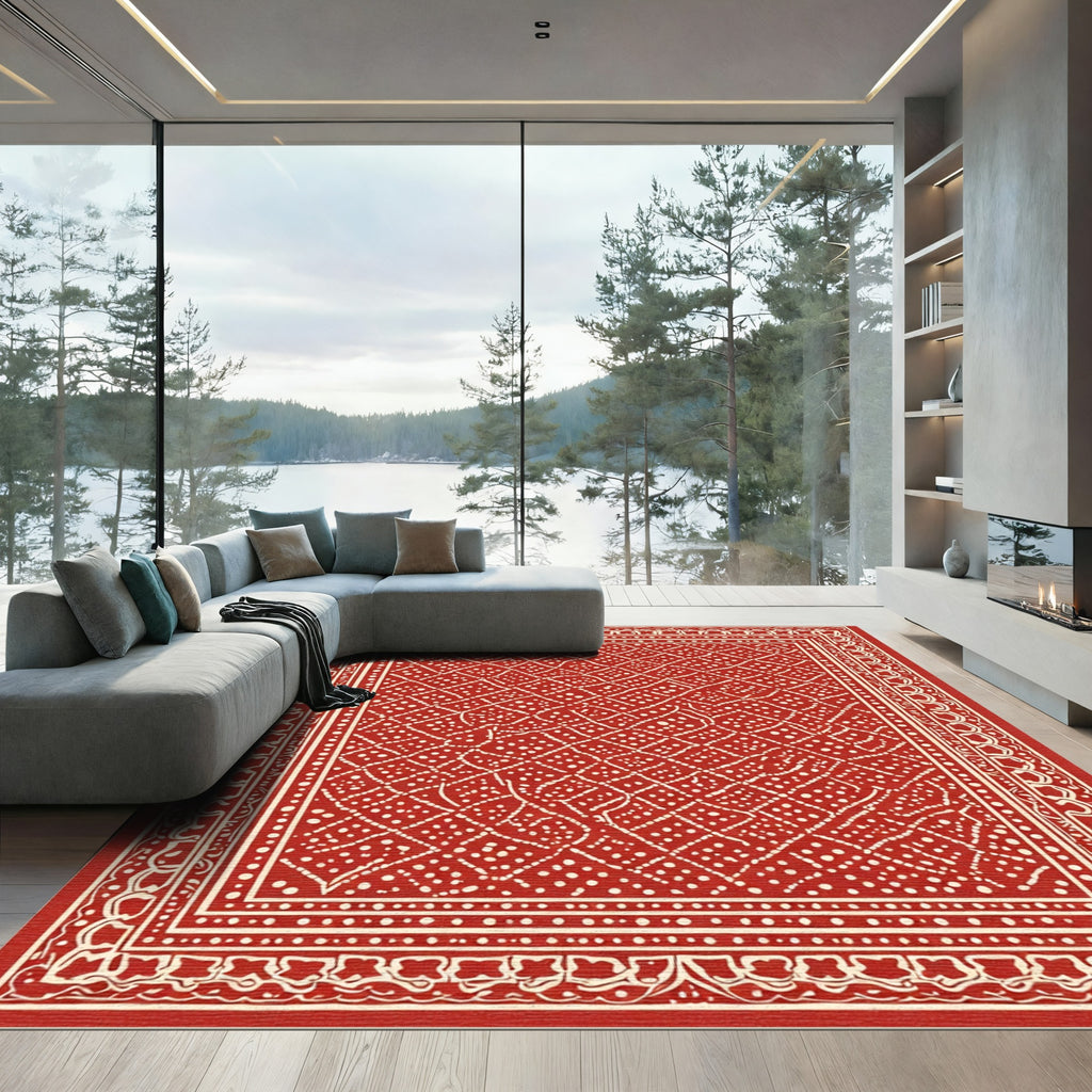 Crimson White Contemporary Lattice Garden Rug