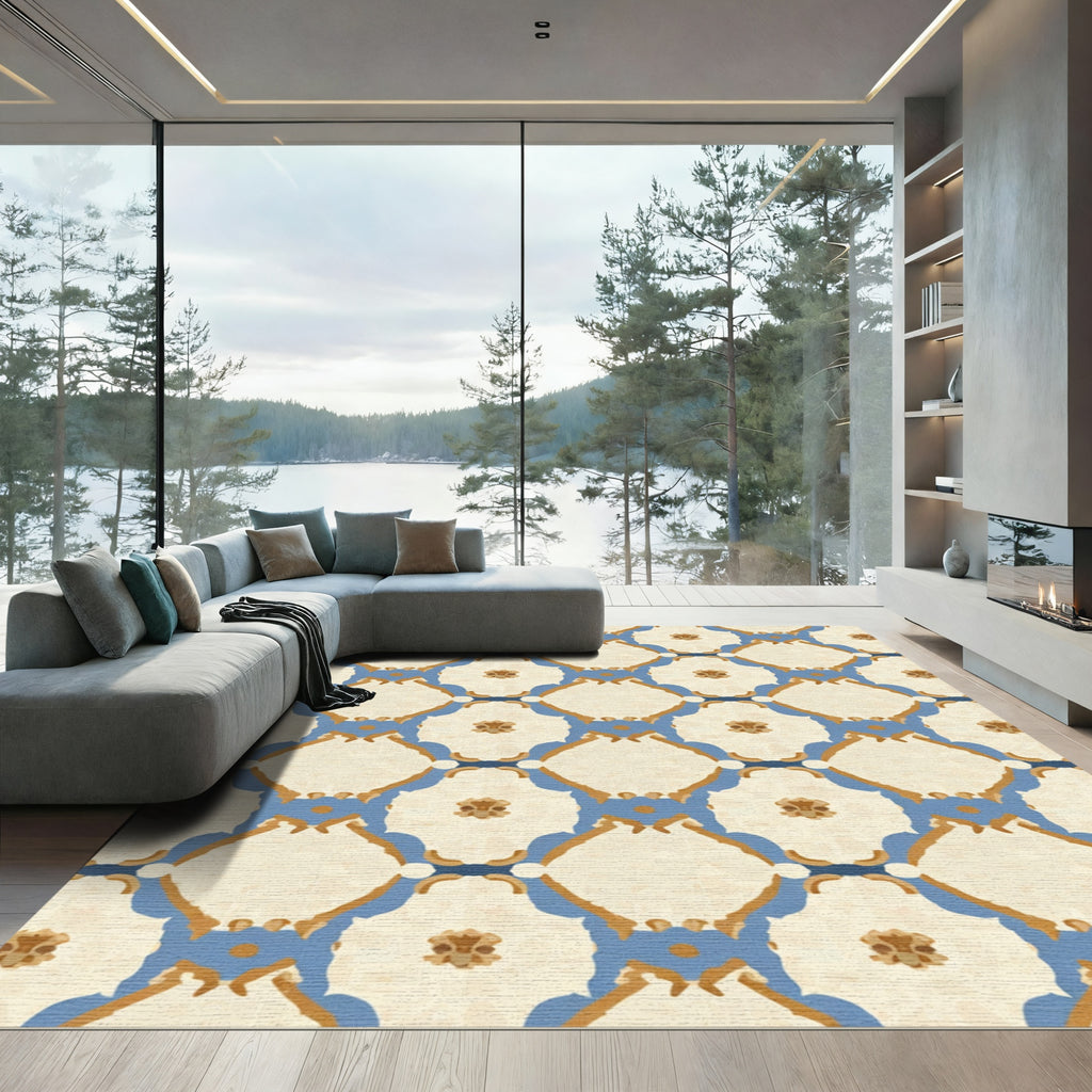 Cream Blue Gold Floral Lattice Rug