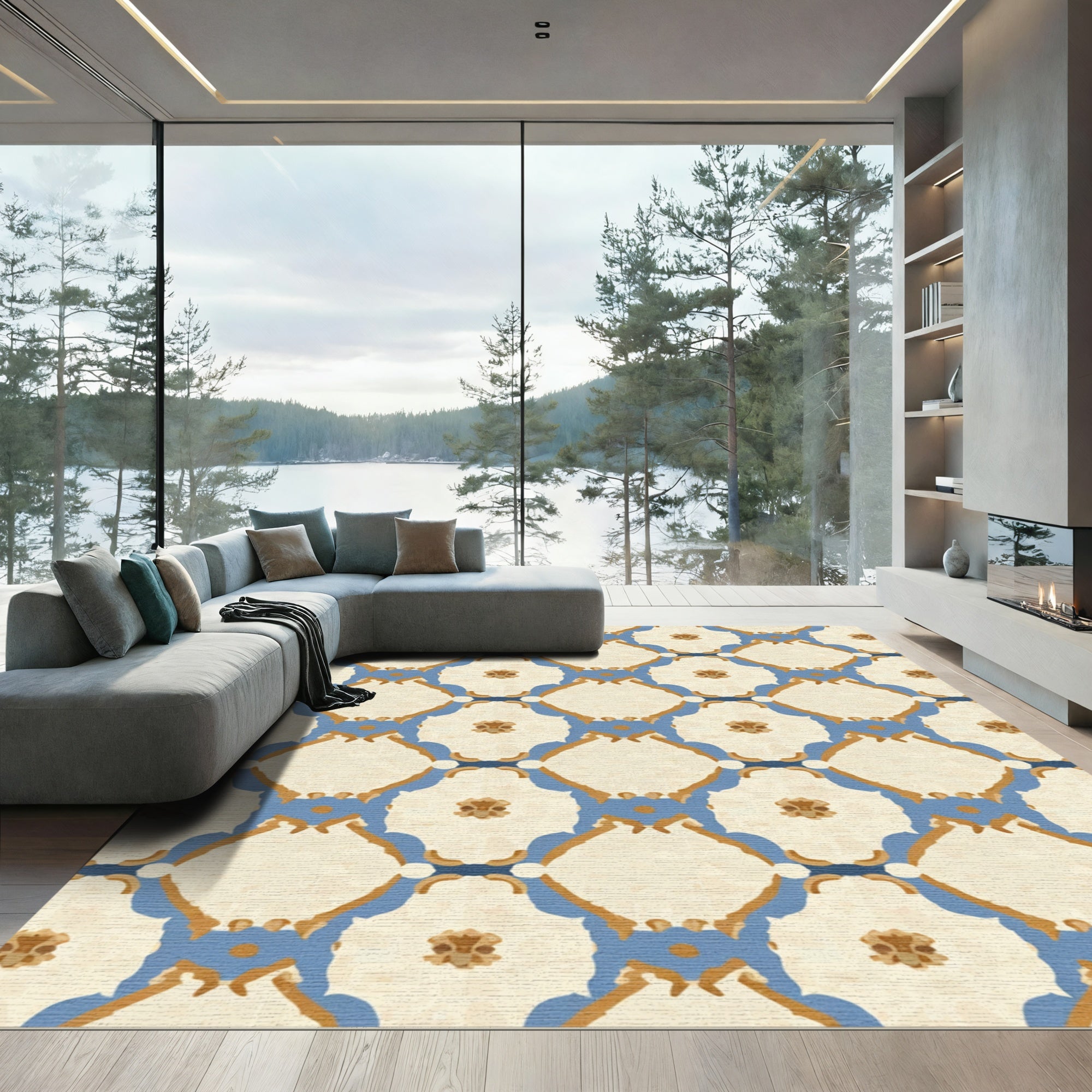 Cream Blue Gold Floral Lattice Rug