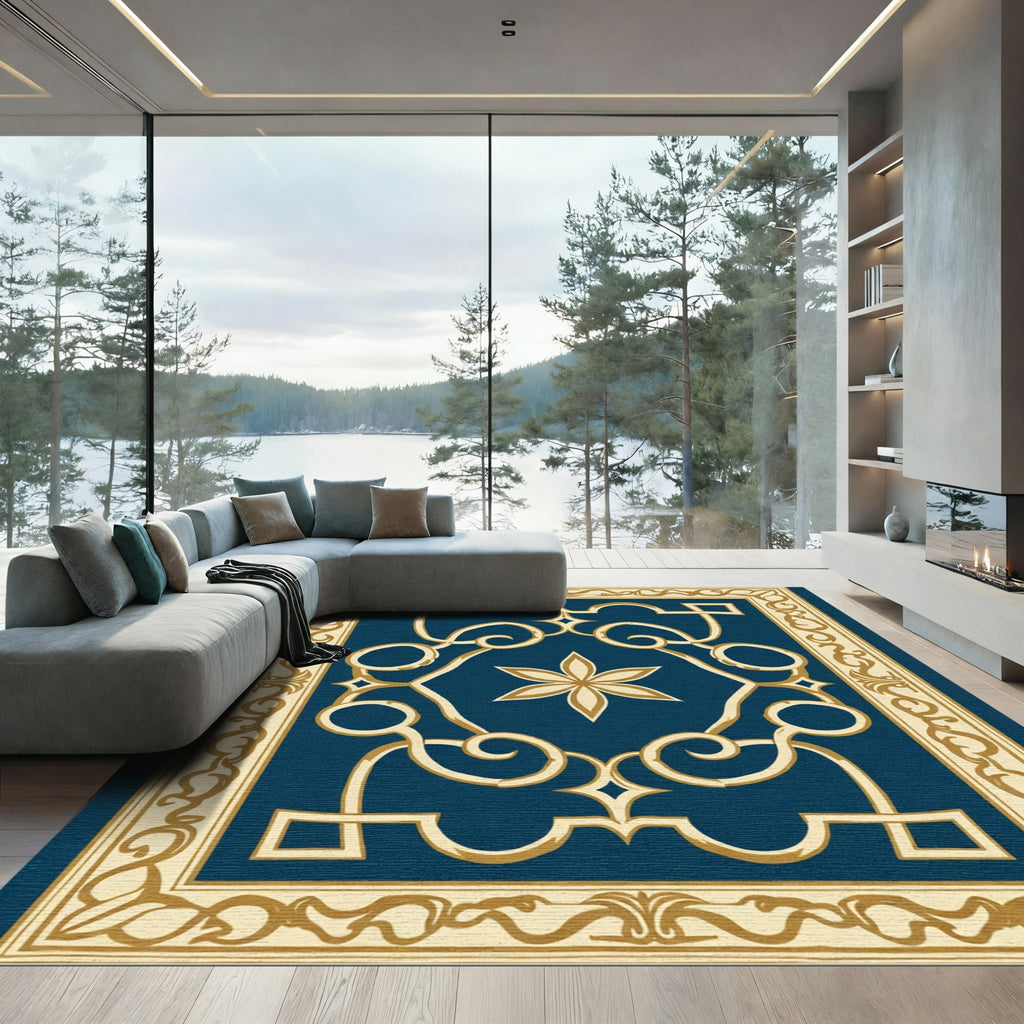 Navy Blossom Scrolling Border Rug