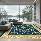 Navy Blossom Scrolling Border Rug
