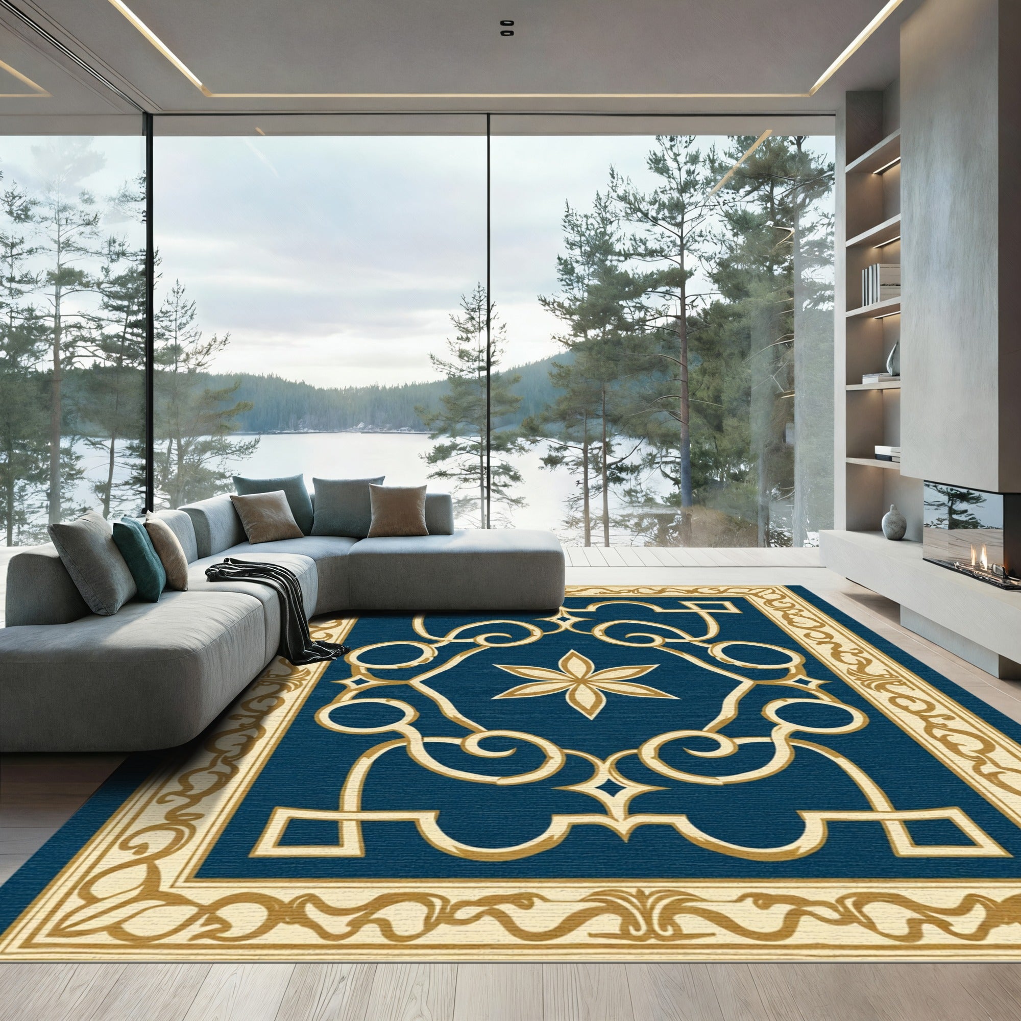 Navy Blossom Scrolling Border Rug