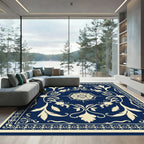 Cream and Navy Flourish Medallion Rug
