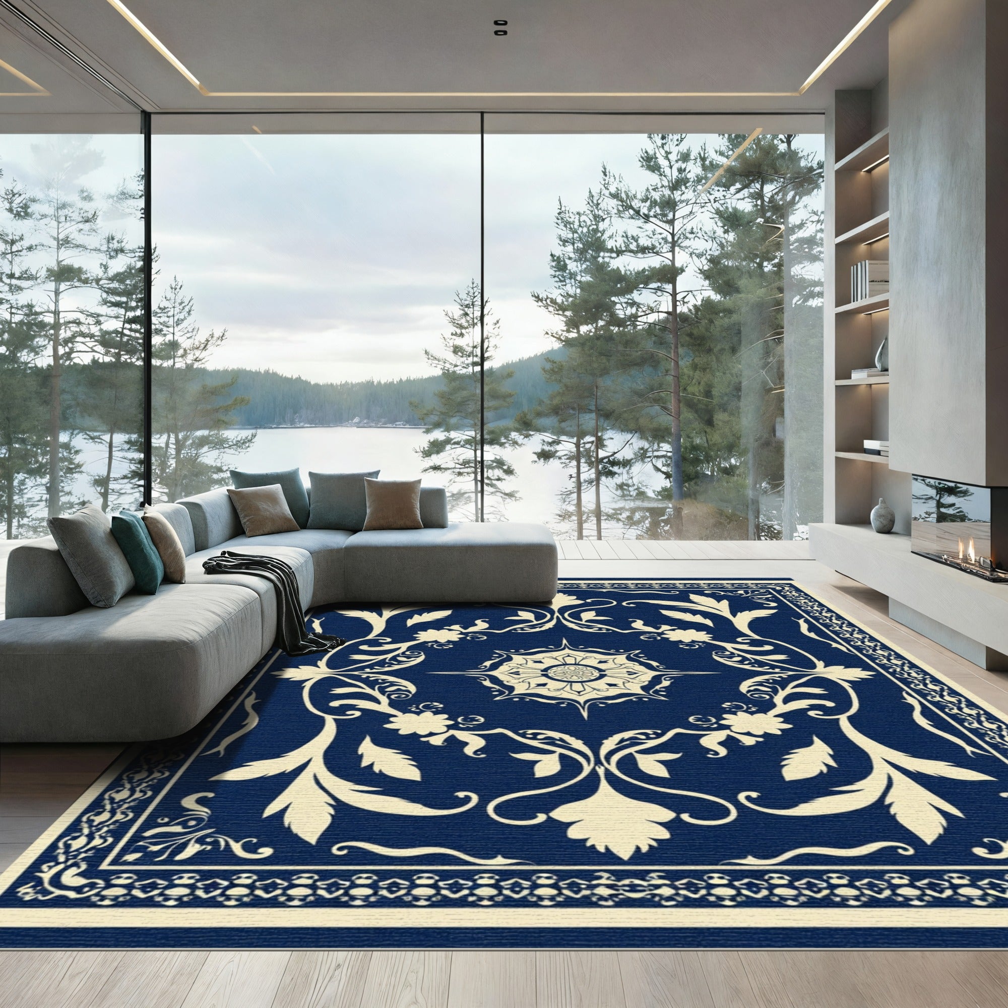 Cream and Navy Flourish Medallion Rug