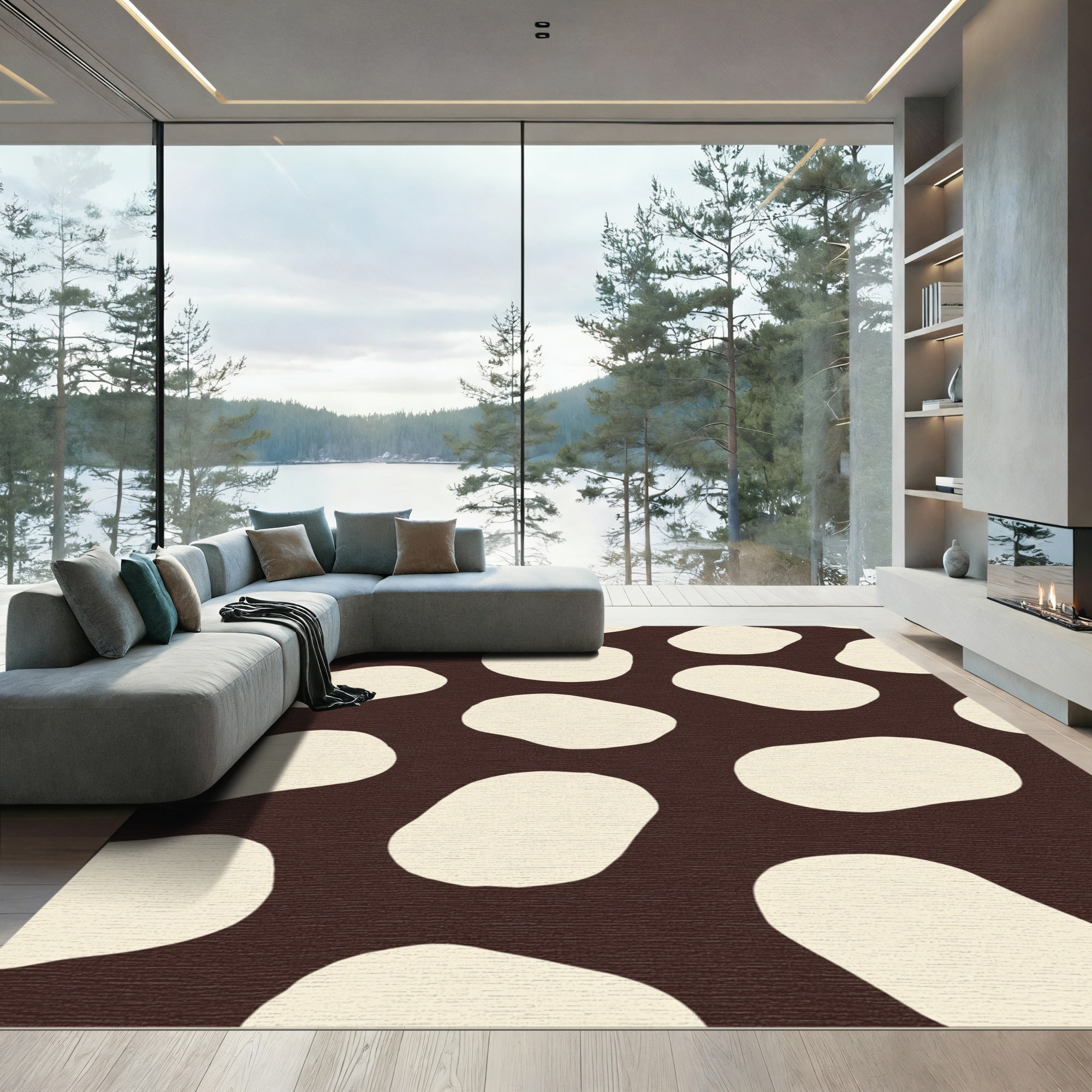Brown Cream Abstract Blob Composition Rug