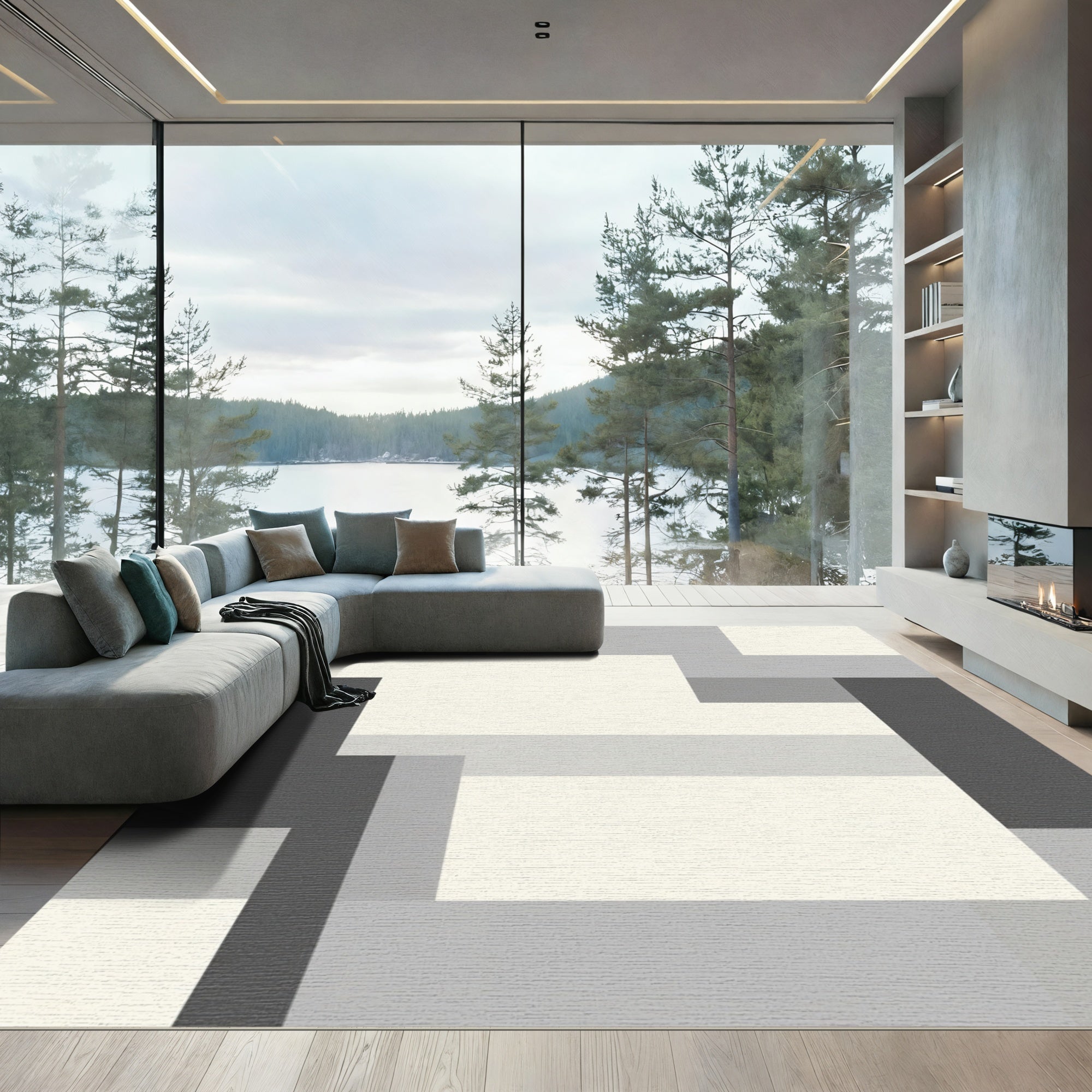 Cool Tone Geometric Block Arrangement Rug