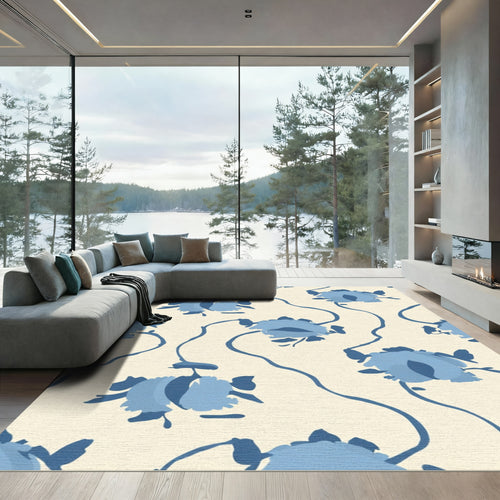 Blue Floral Vine Swirl Cream Rug