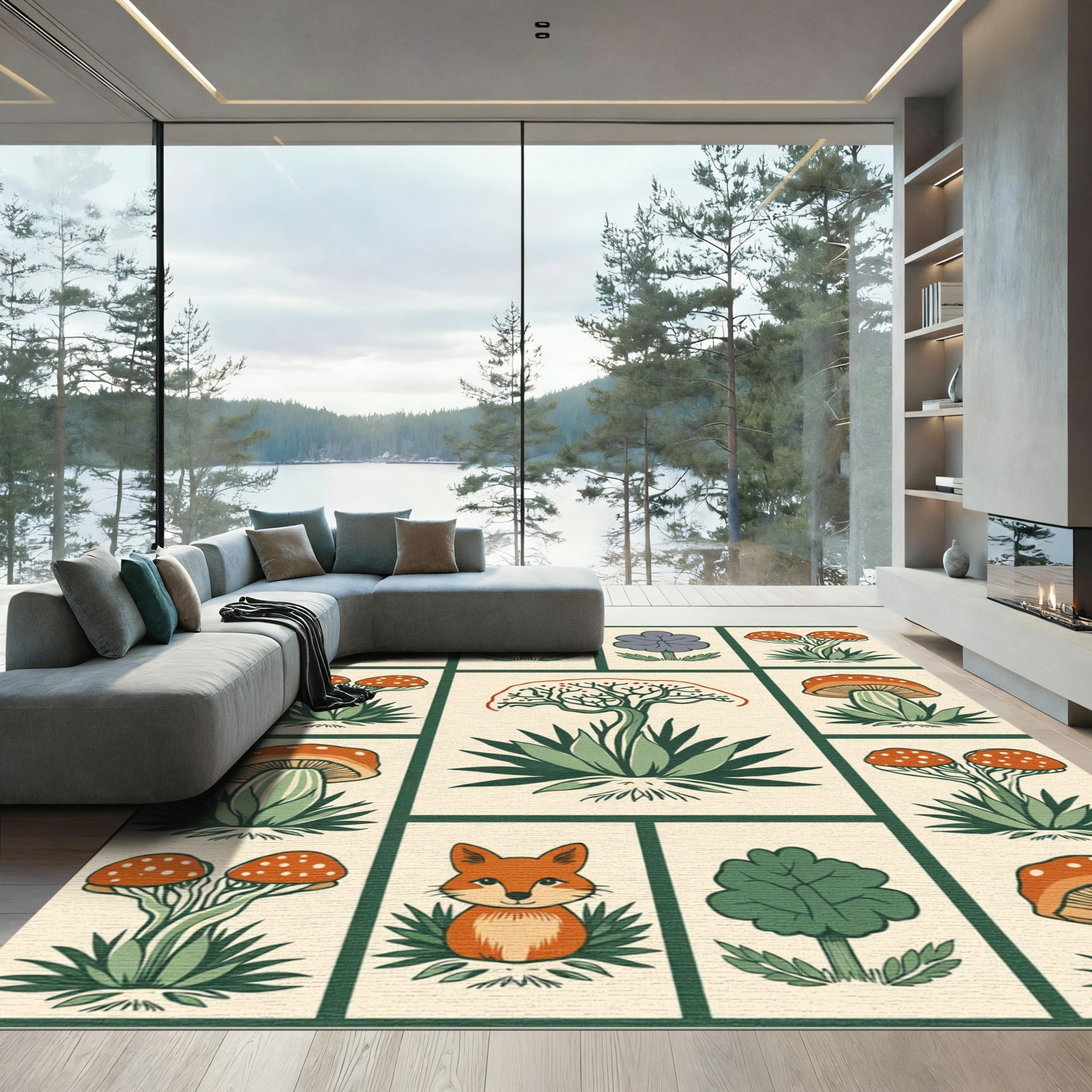 Woodland Creatures Forest Mushroom Collection Rug