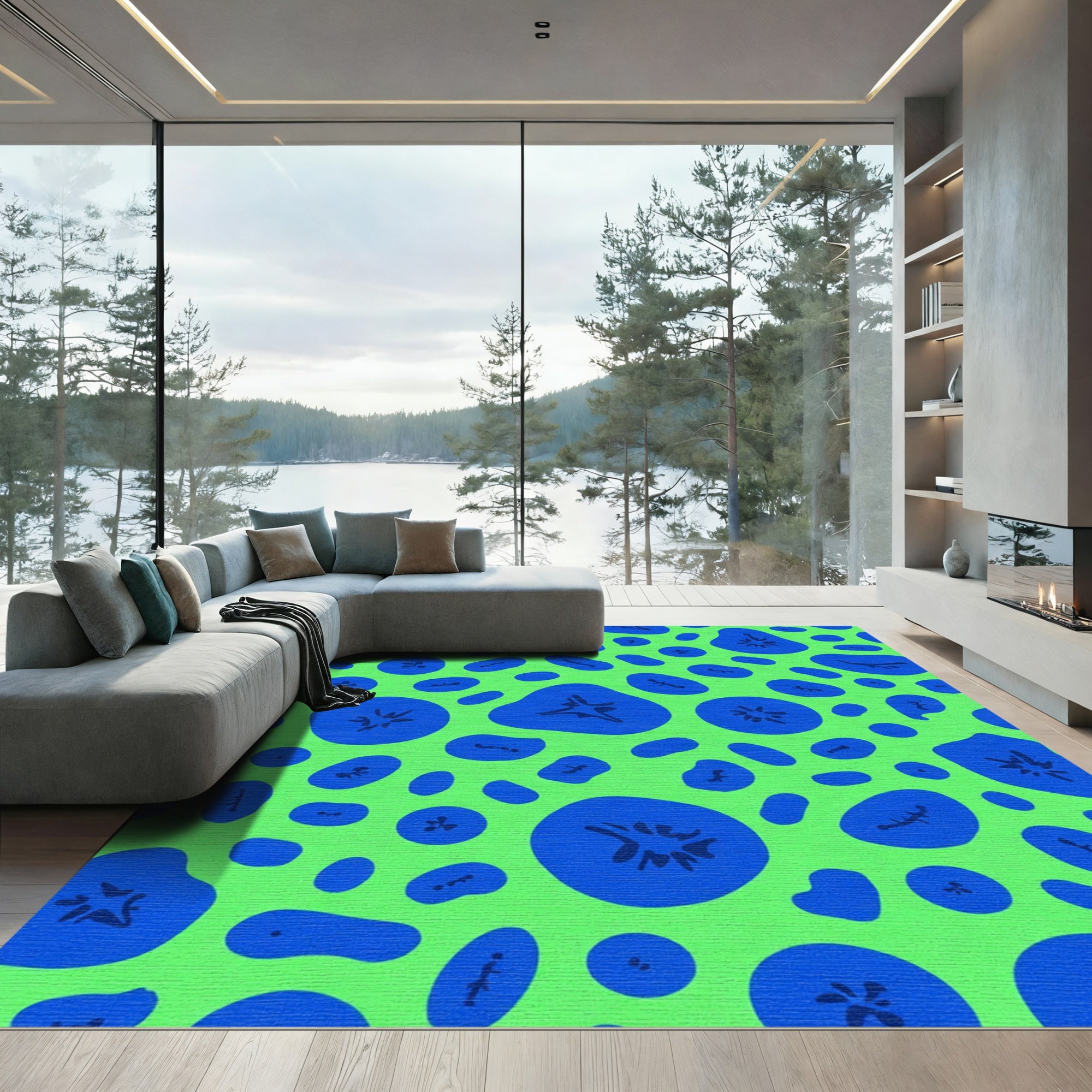 Artistic Blue Amoeba Lime Green Rug