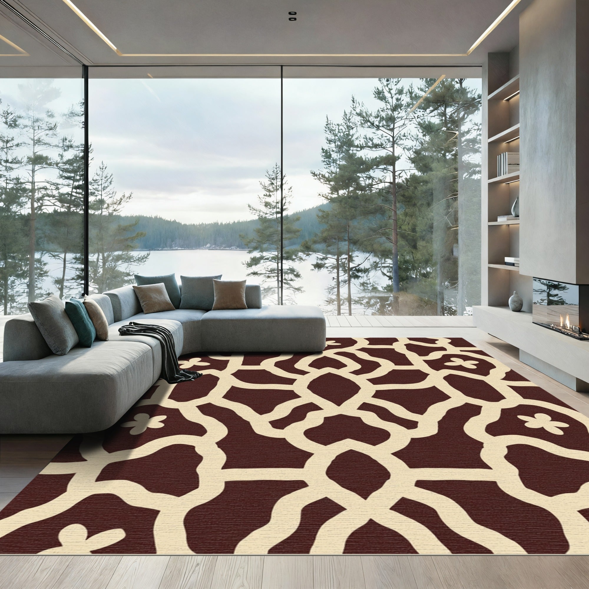 Deep Maroon Cream Quatrefoil Pattern Rug