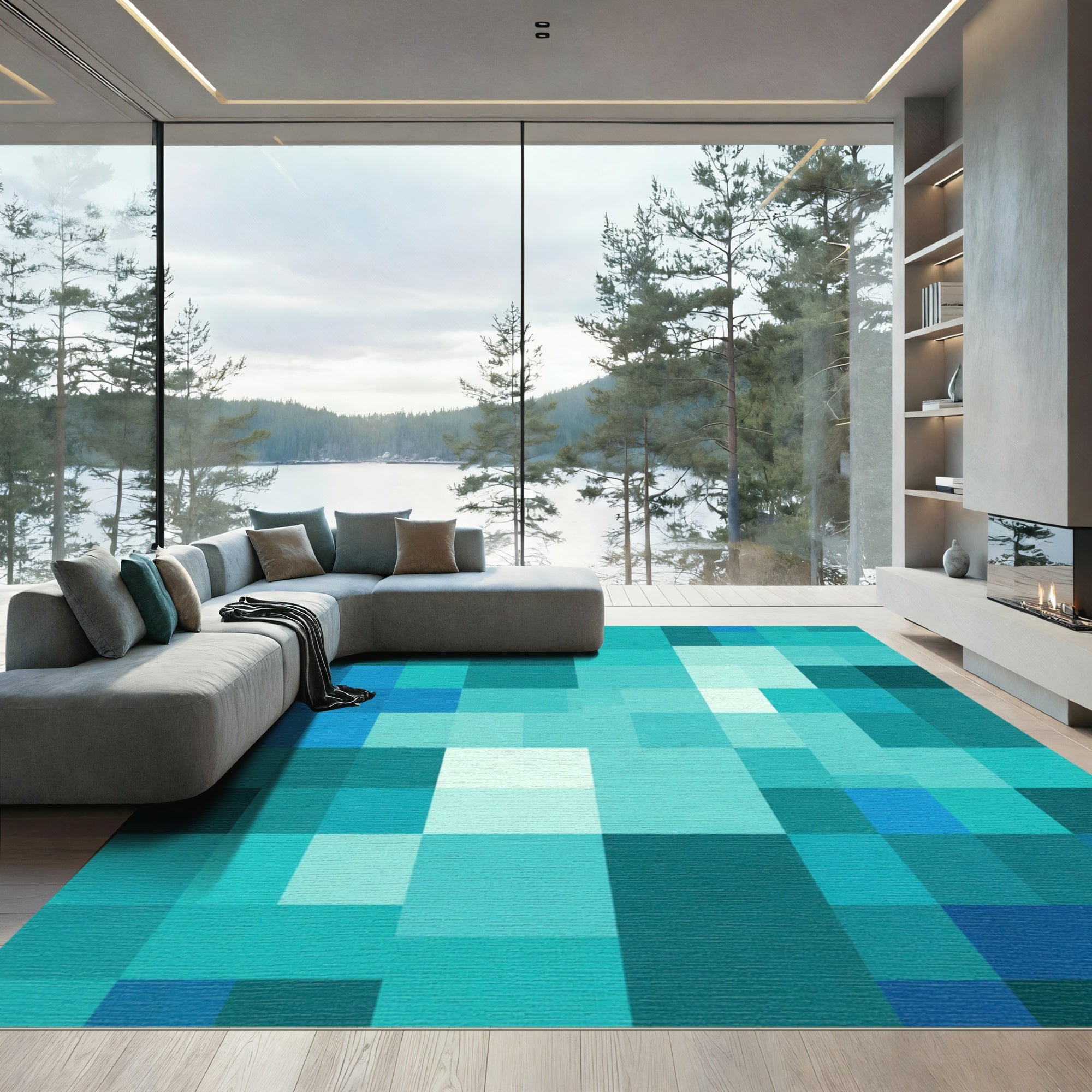 Mosaic Teal Blue Squares Rug