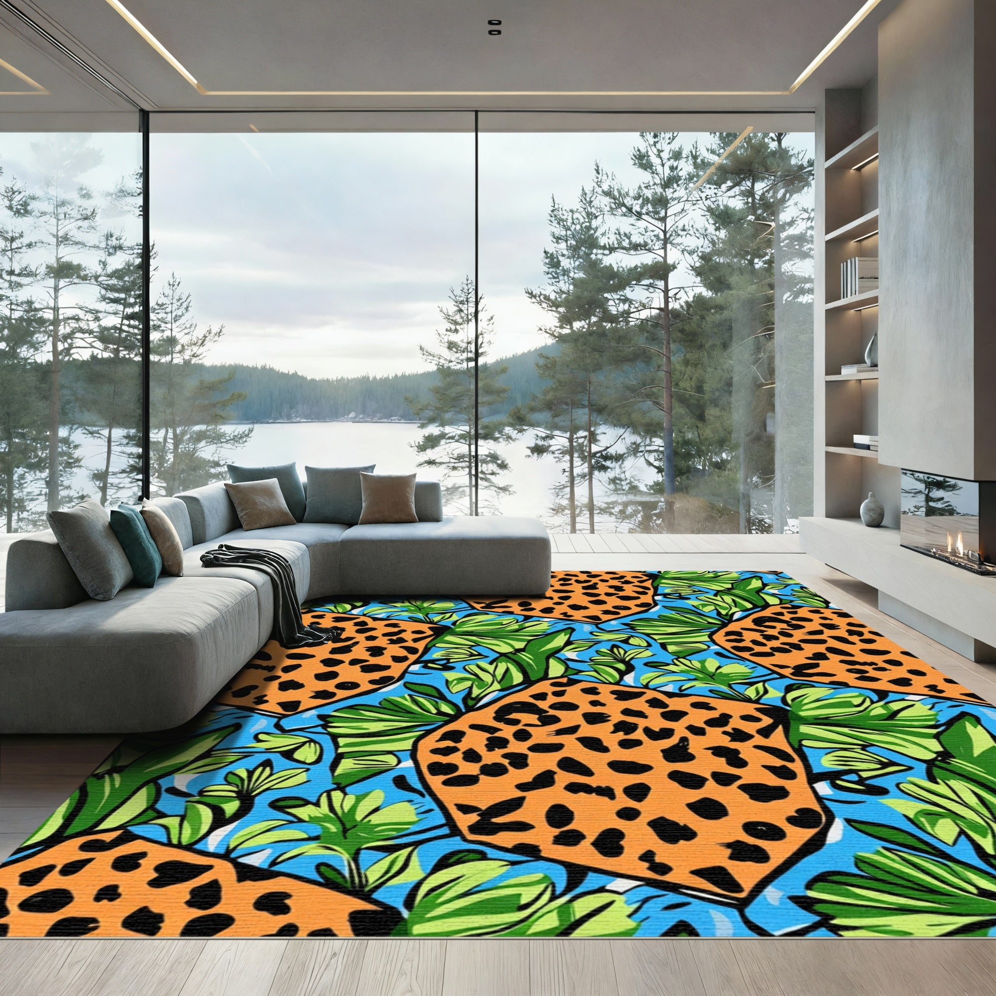 Bold Orange Leopard Jungle Leaves Rug