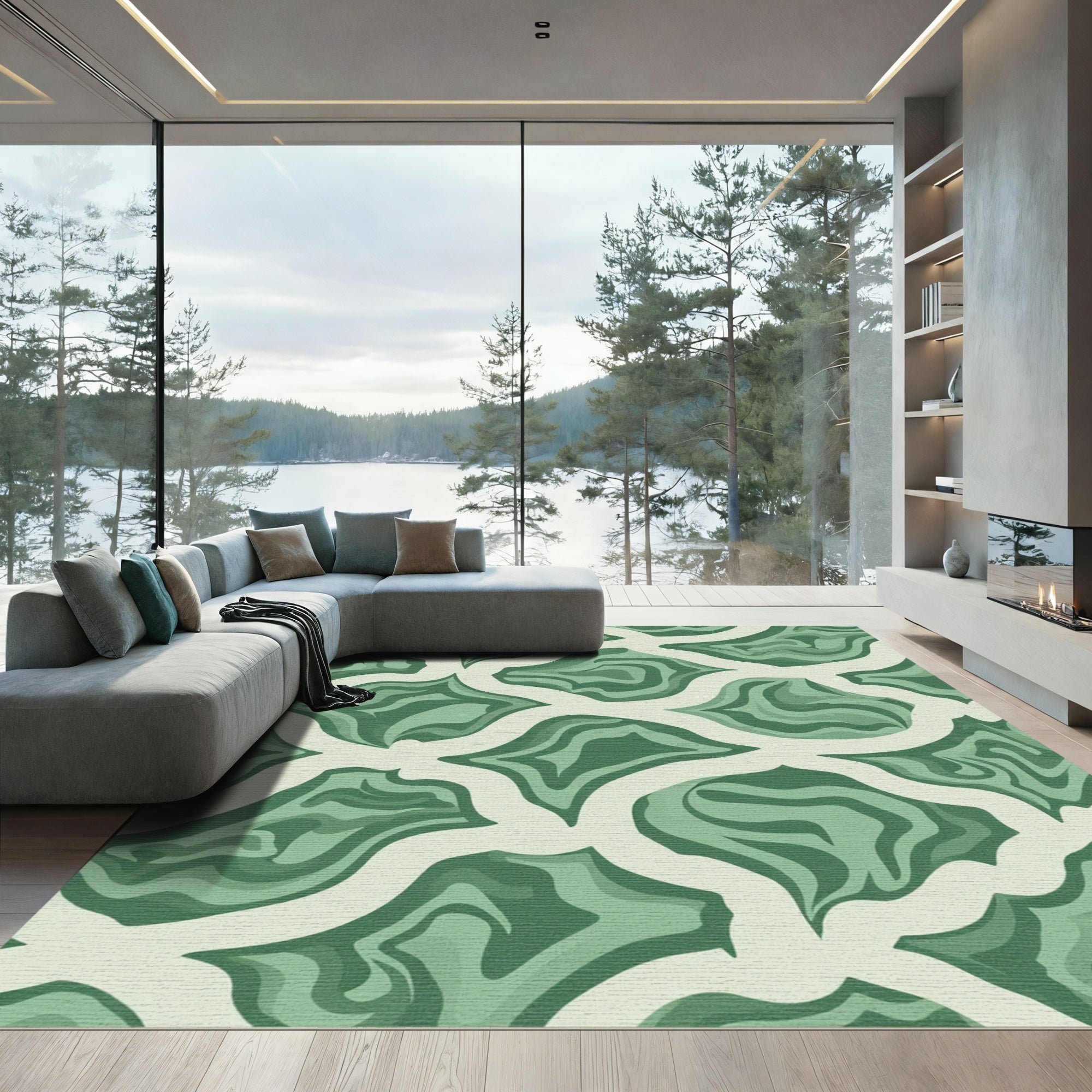 Abstract Swirl Green Ivory Organic Rug