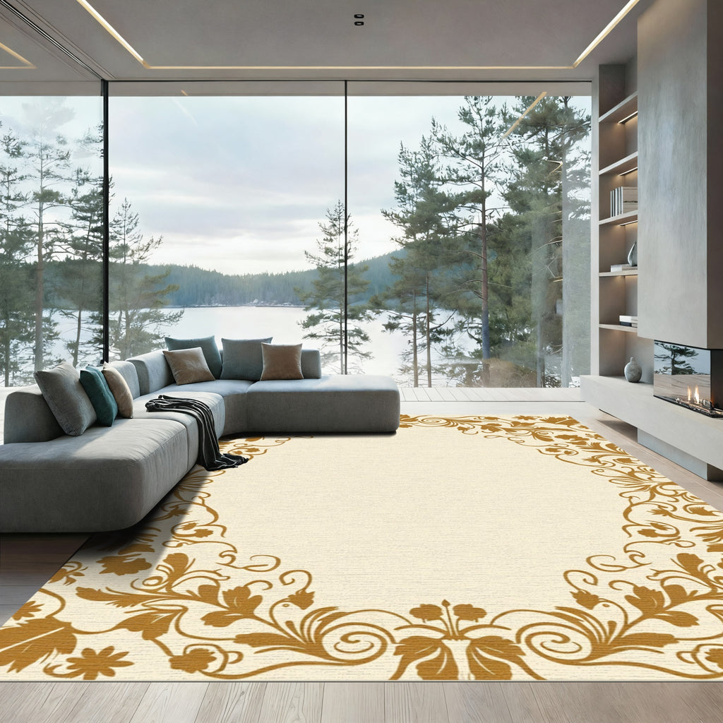 Golden Floral Vine Scroll Rug