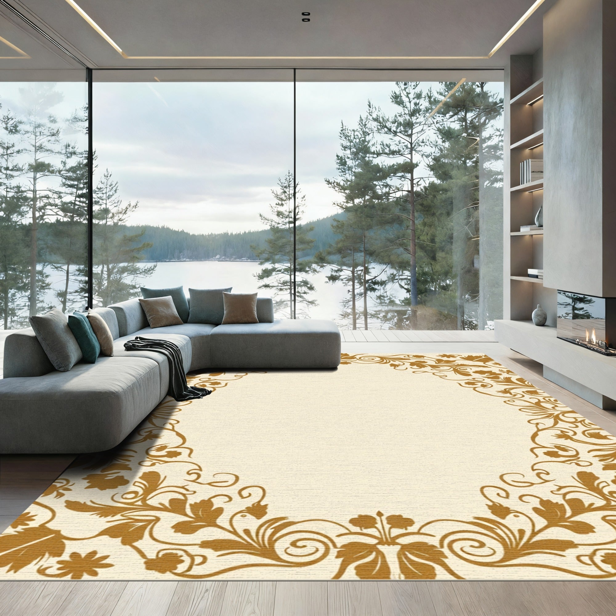 Golden Floral Vine Scroll Rug