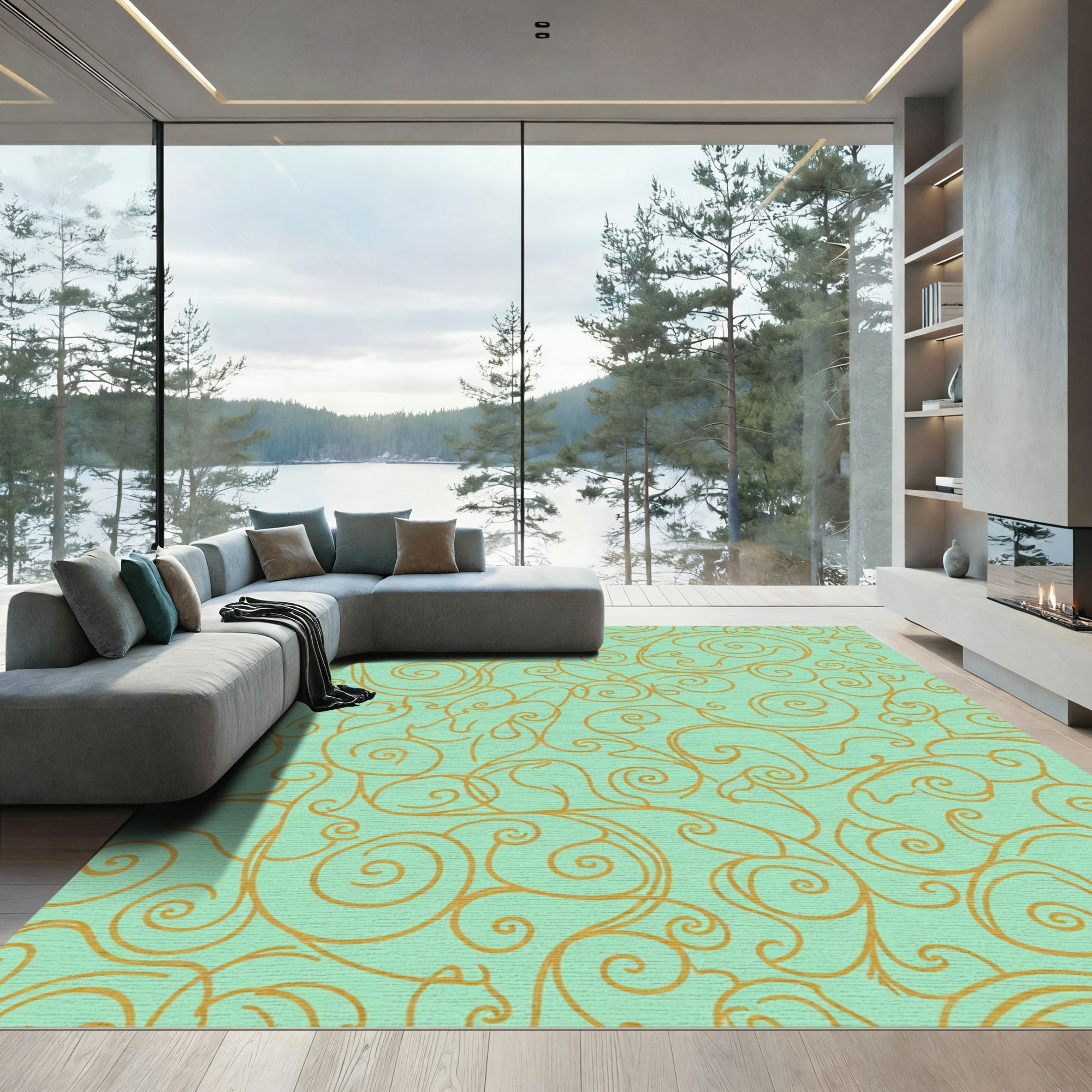 Golden Swirls on Aqua Background Rug