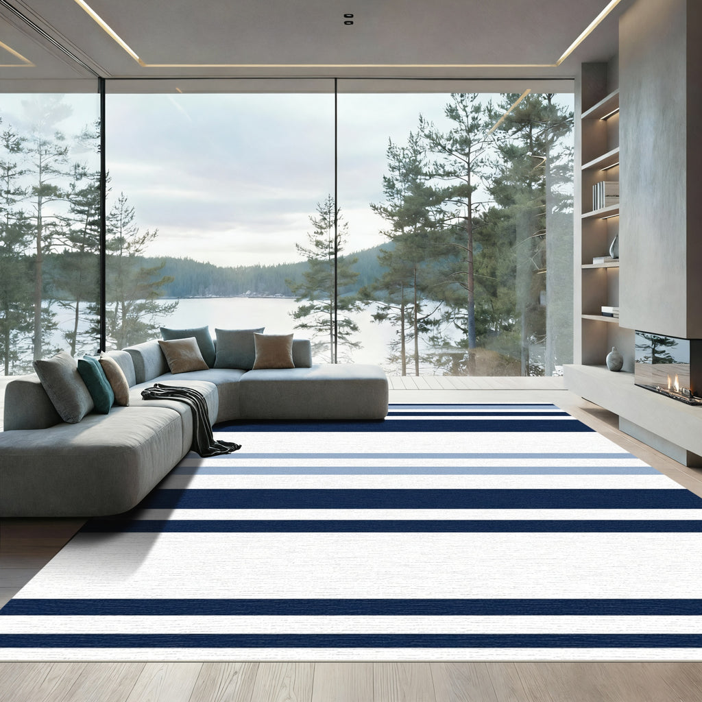 Classic Navy Blue White Stripe Rug