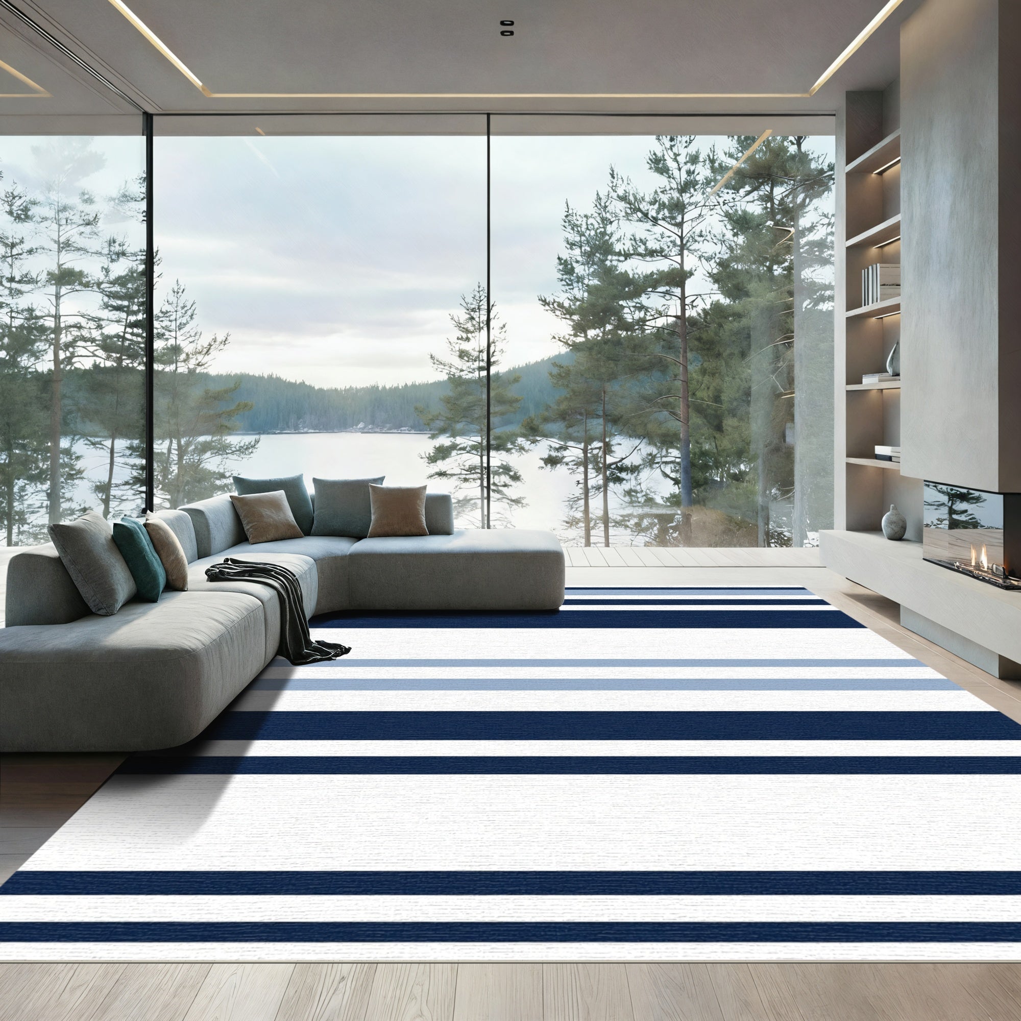 Classic Navy Blue White Stripe Rug