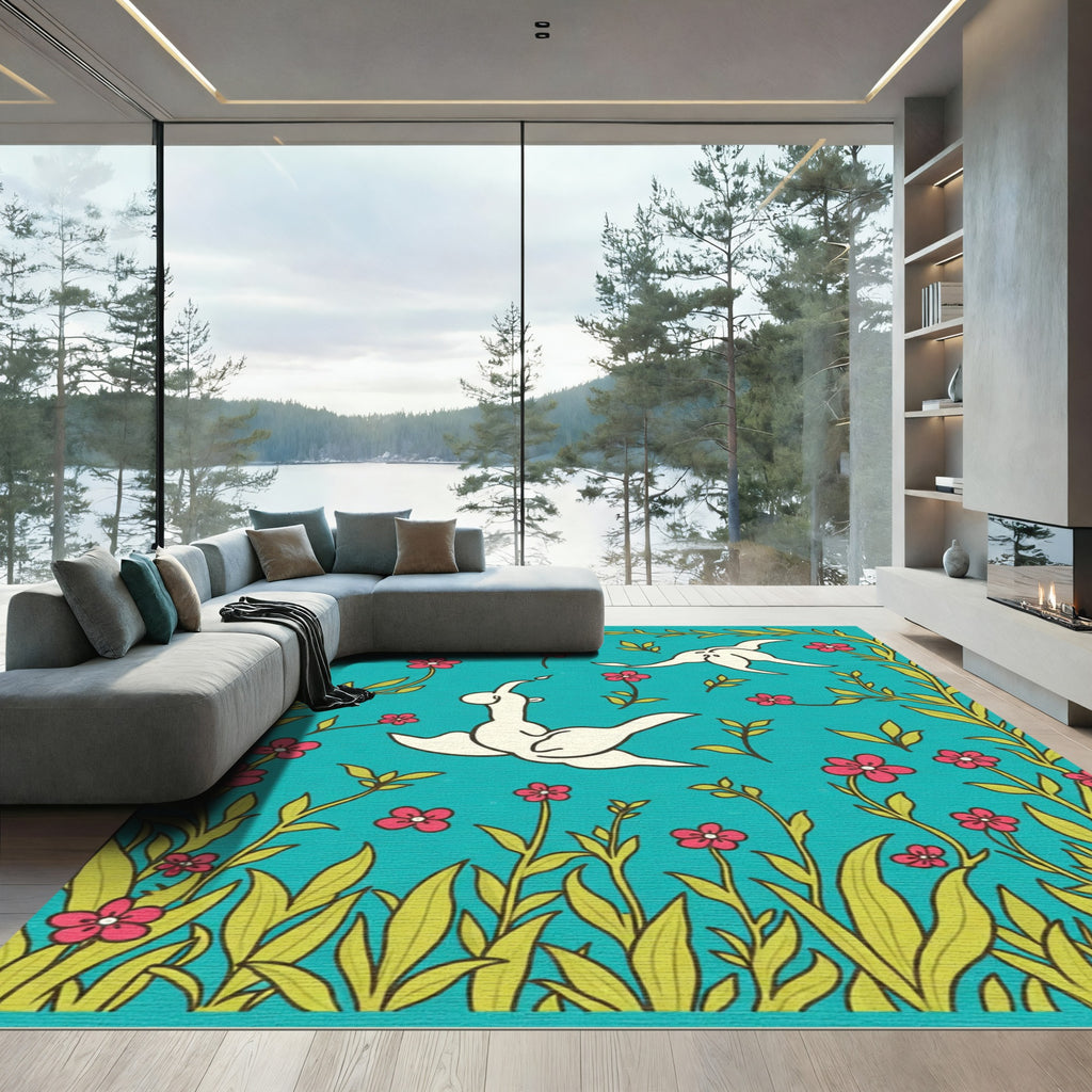 Whimsical Teal Pink Floral Bird Rug