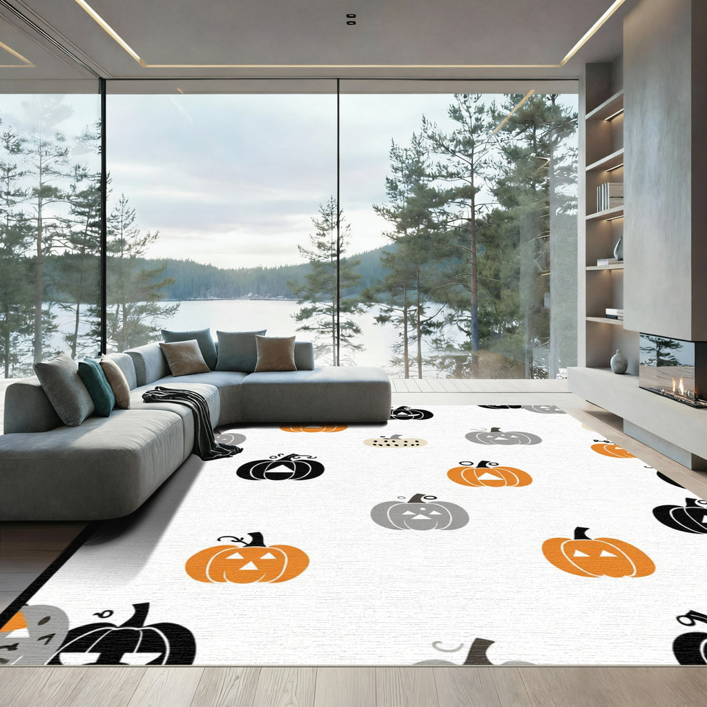 Whimsical Orange Black Gray Pumpkin Faces Rug
