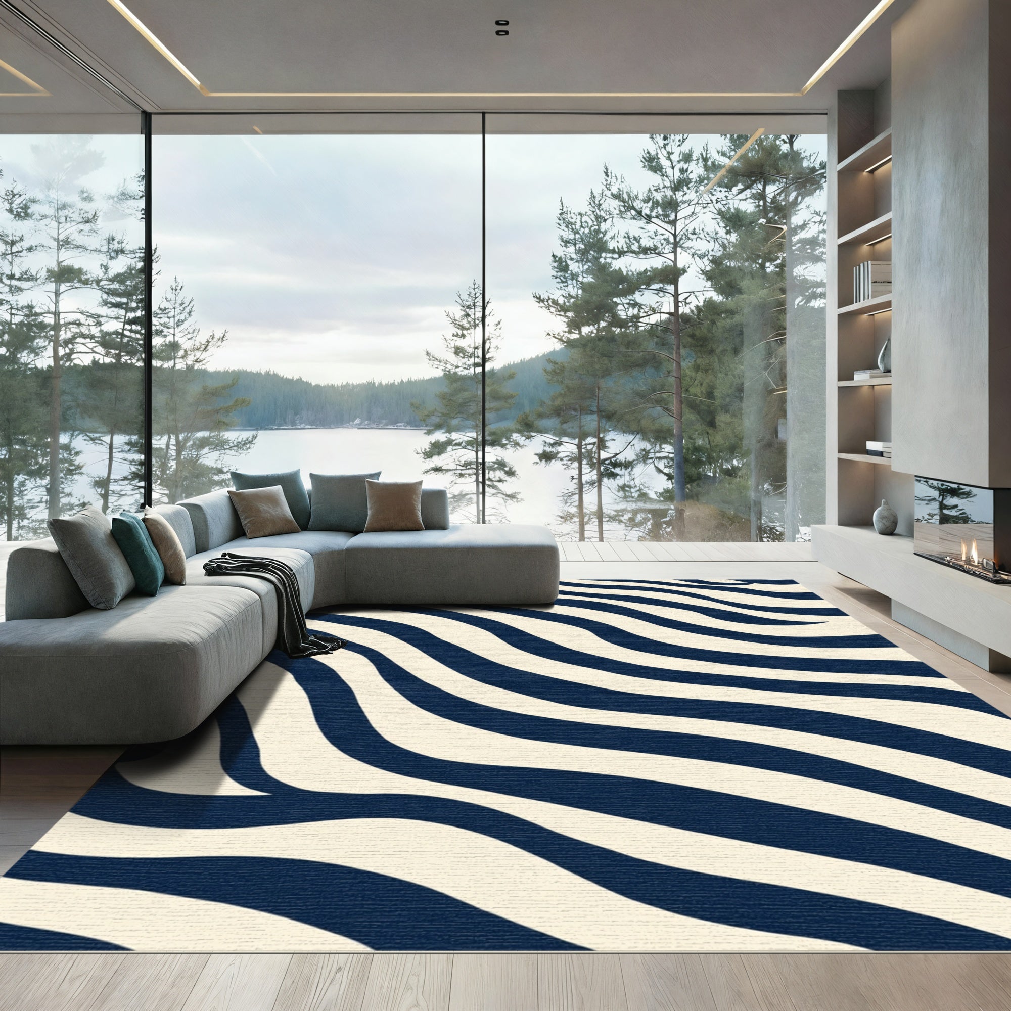 Navy Cream Wavy Stripe Rug