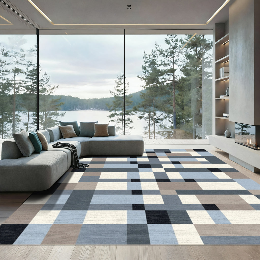 Gray Blue Tan Geometric Blocks Rug