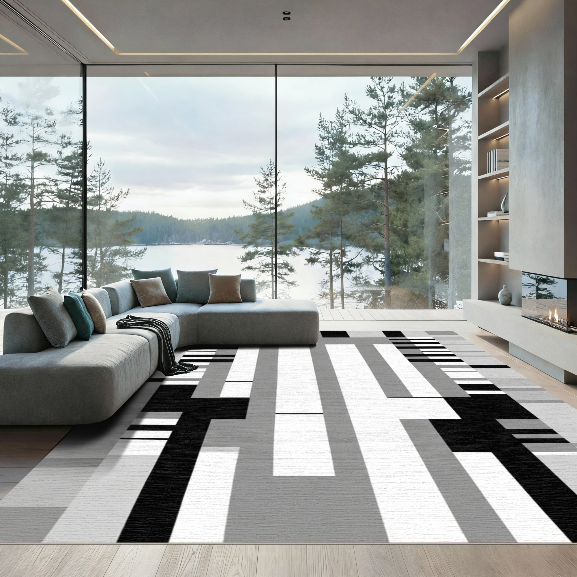 Modern Gray Black Geometric Block Rug