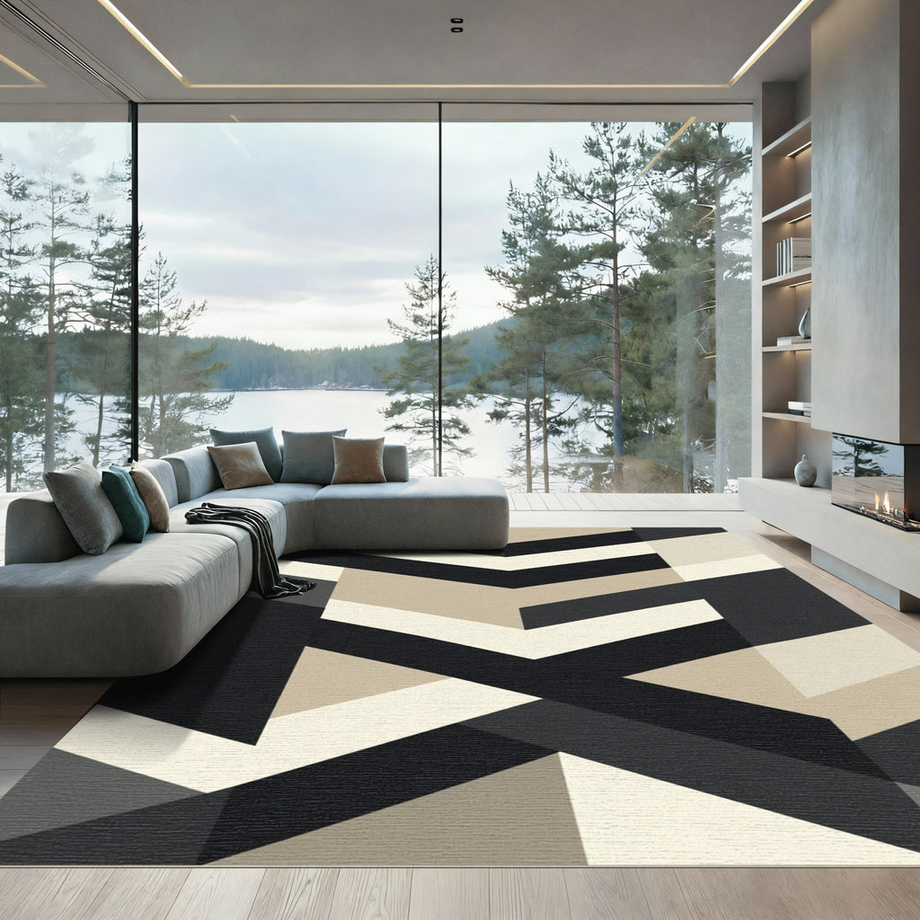 Modern Black Cream Geometric Chevron Rug