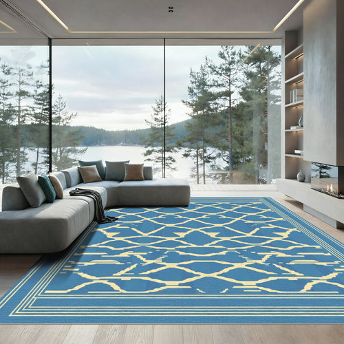 Blue and Cream Interlocking Diamond Frame Rug