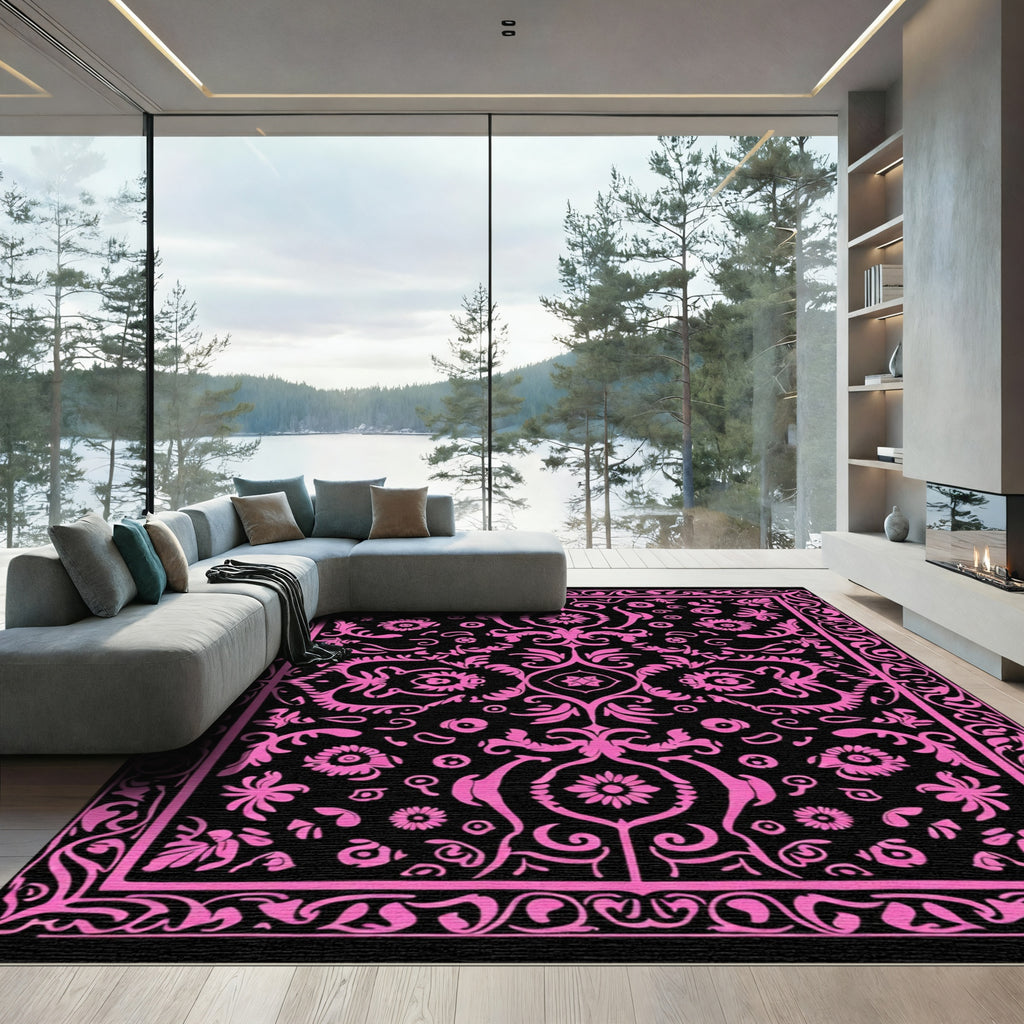 Vibrant Pink Floral Damask Black Rug