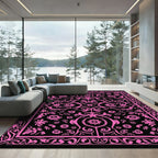 Vibrant Pink Floral Damask Black Rug