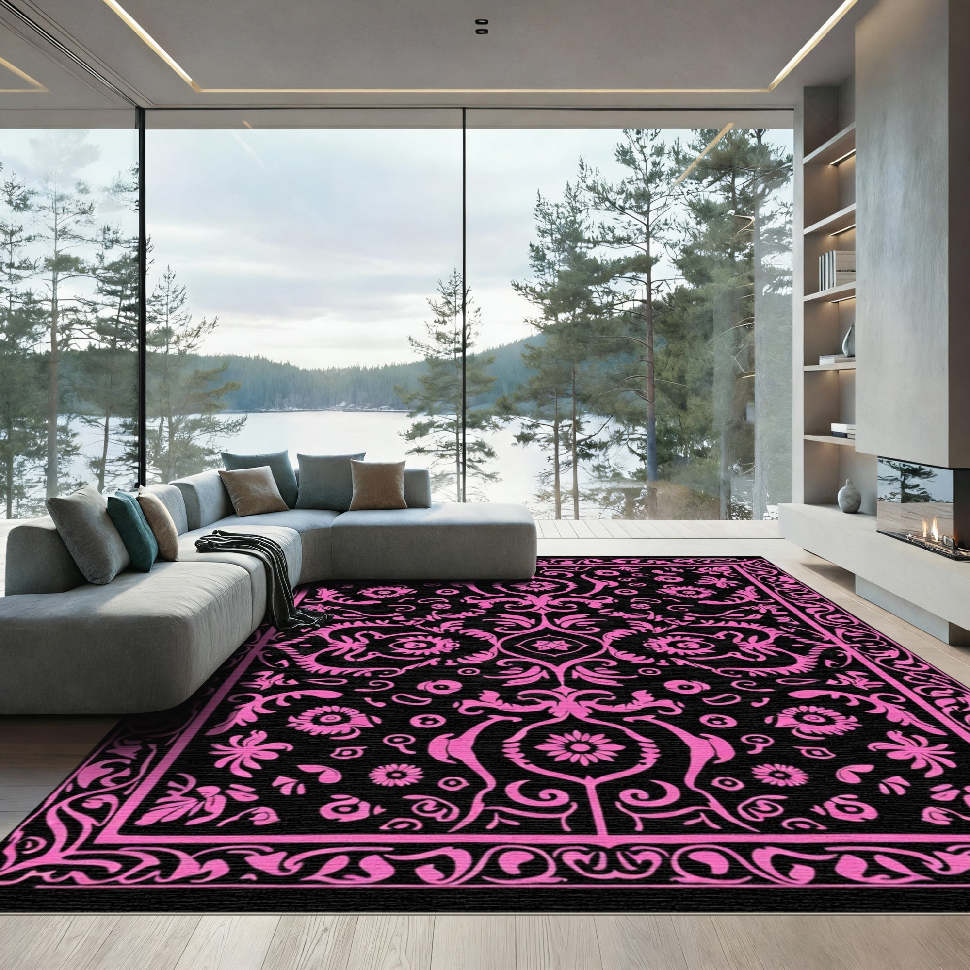 Vibrant Pink Floral Damask Black Rug