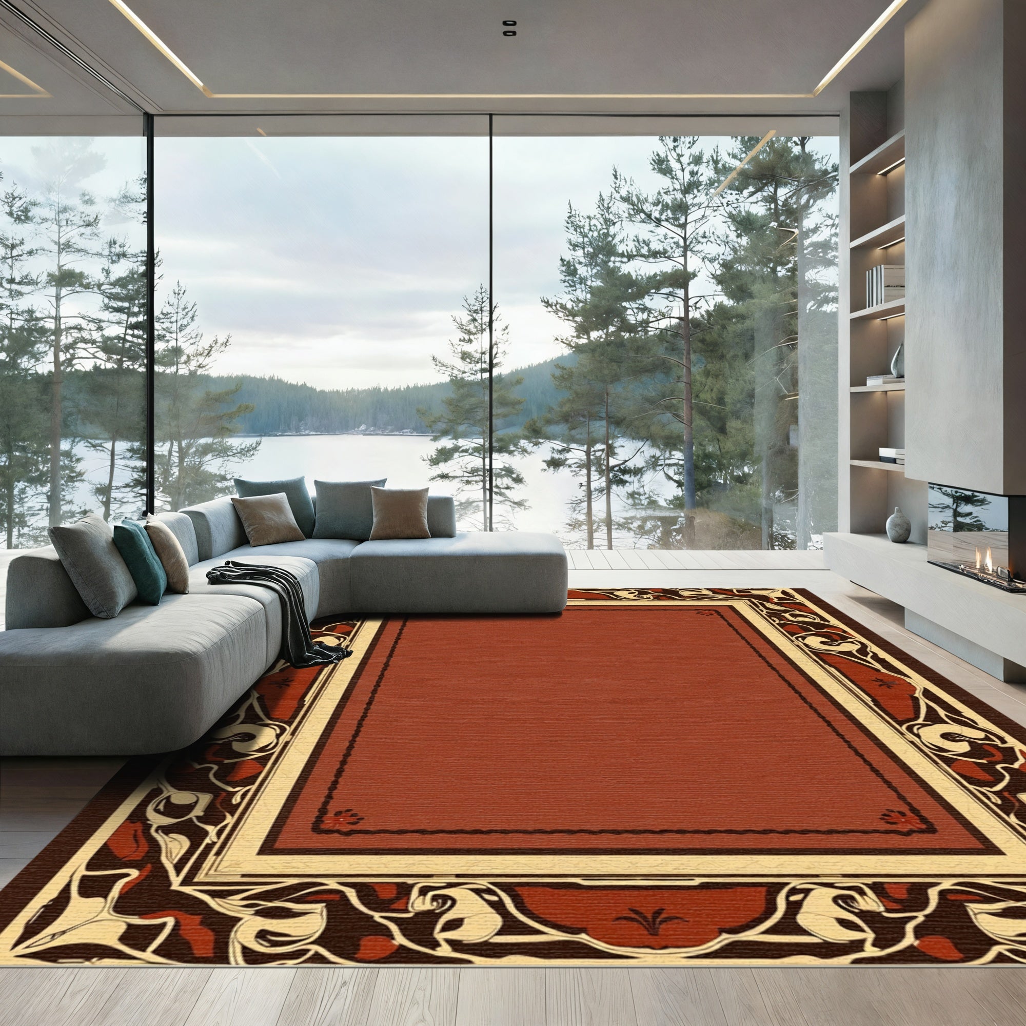 Rich Terracotta Art Nouveau Floral Rug