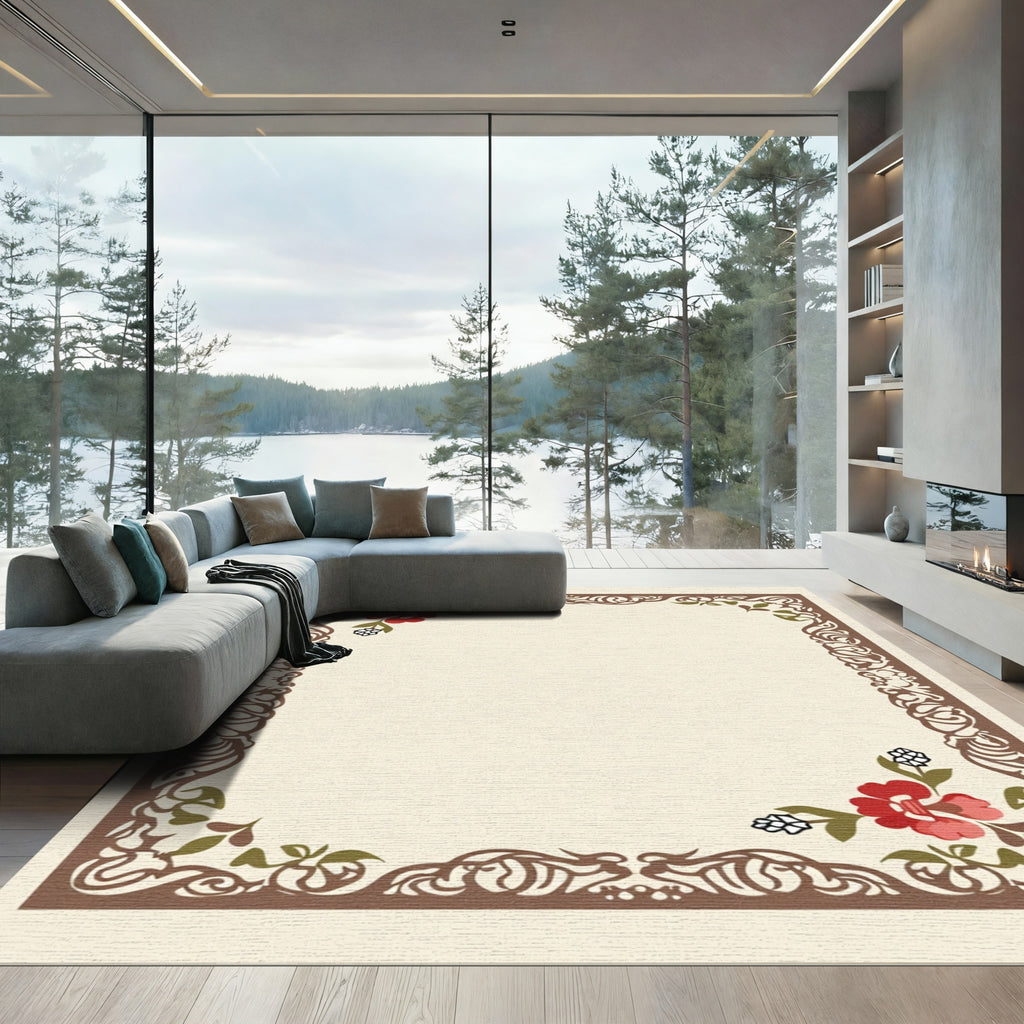 Red Blossom Flourish Scroll Border Rug