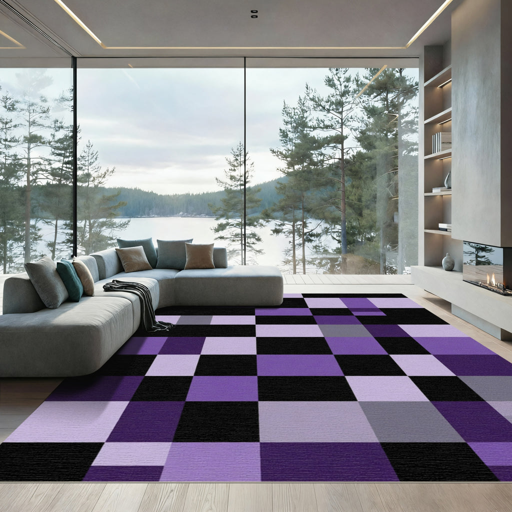 Geometric Checkerboard Purple Gray Rug