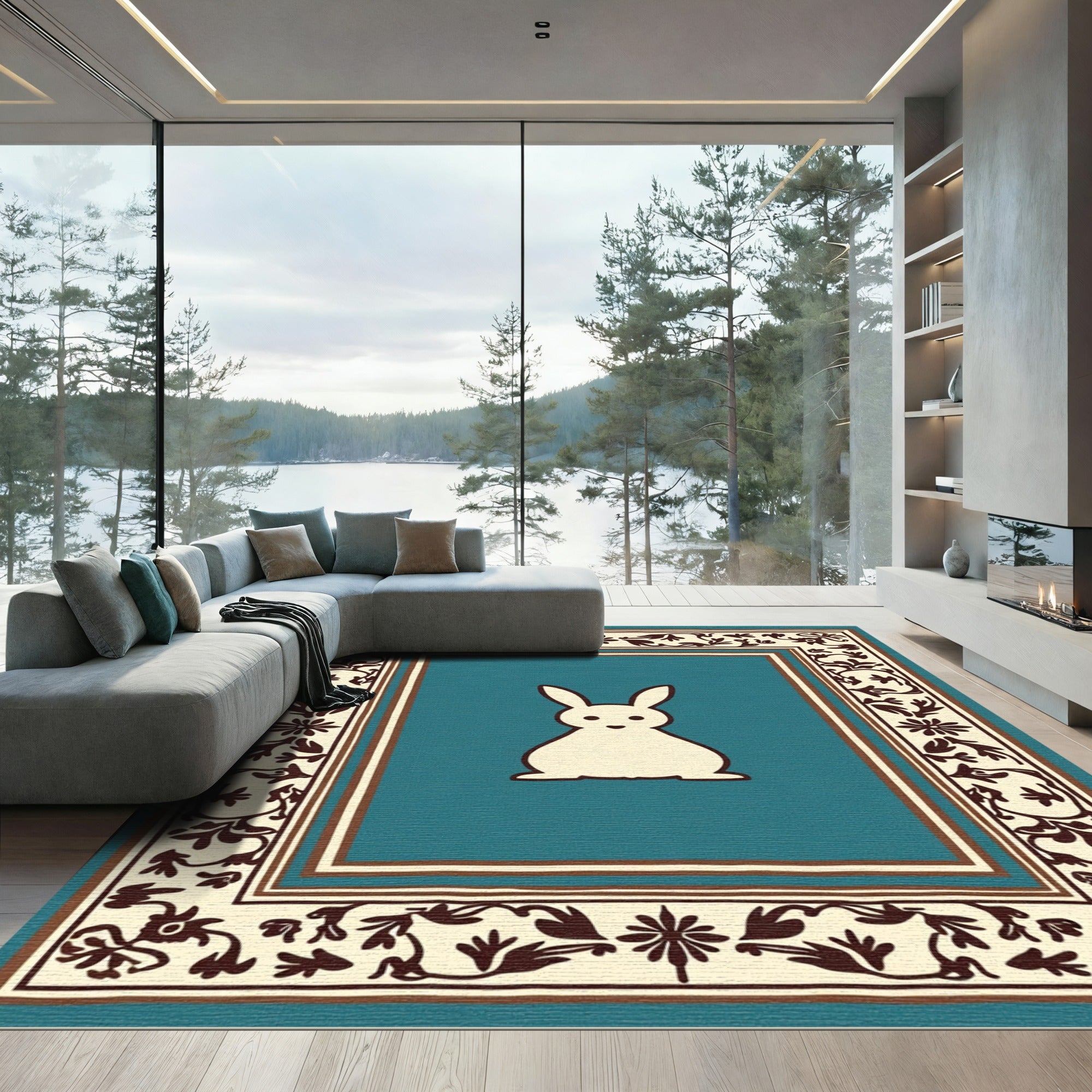 Teal Bunny With Floral Border Rug