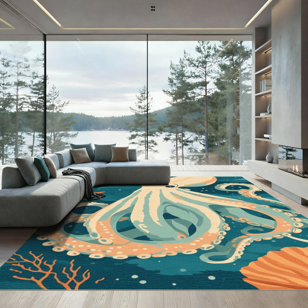 Creamy Peach Octopus Coral Scene Rug