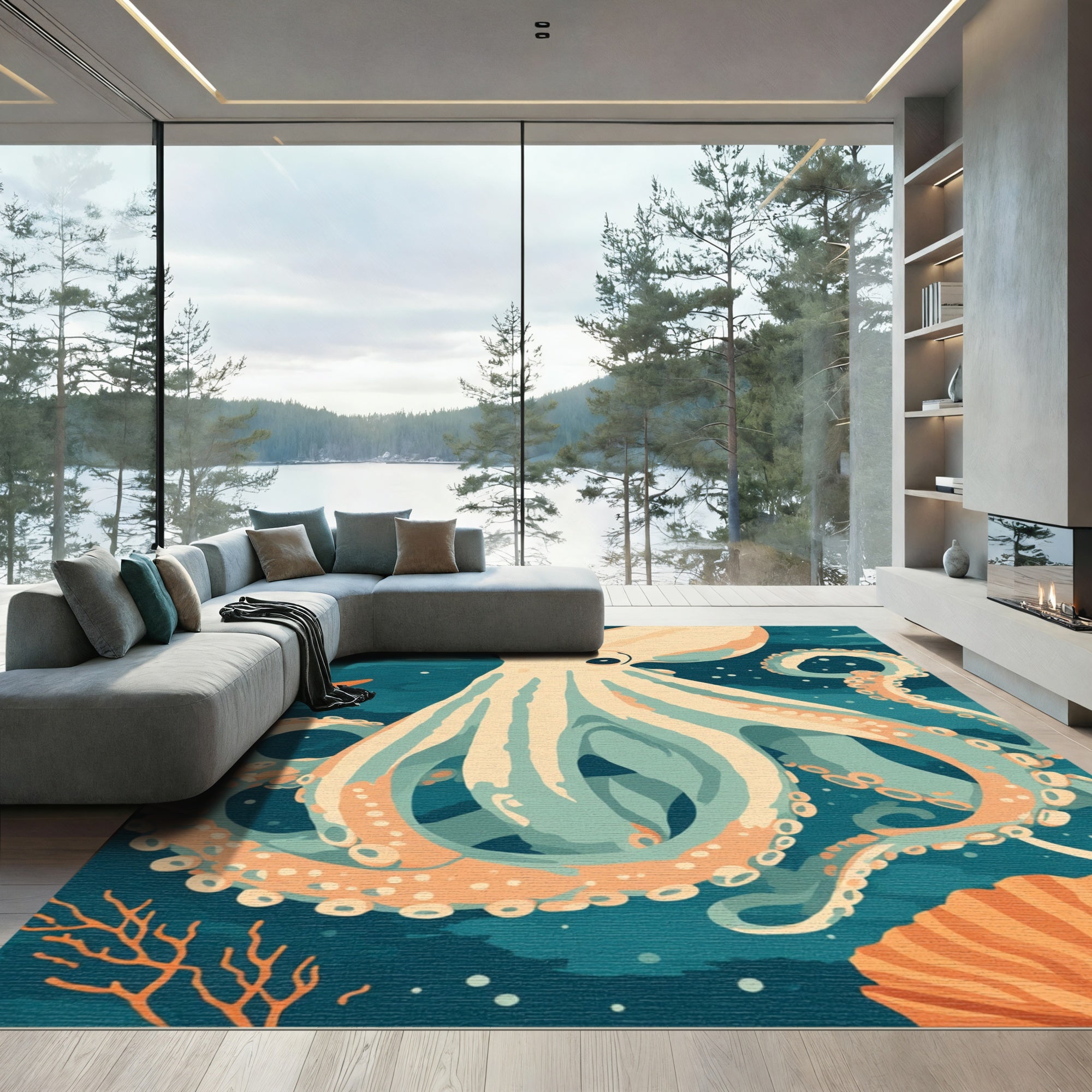 Creamy Peach Octopus Coral Scene Rug