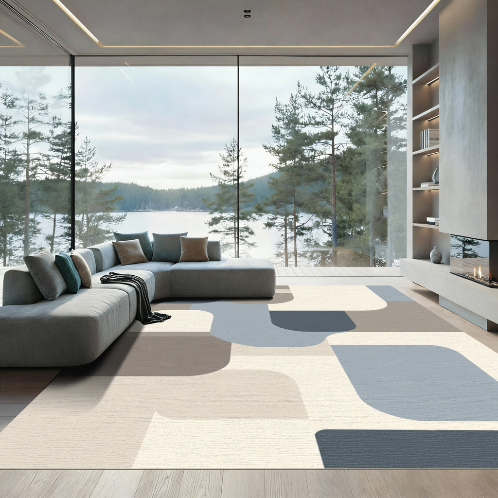 Abstract Blue Taupe Geometric Overlay Rug