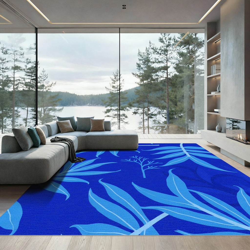 Bright Tropical Leaves Blue Watercolor Rug