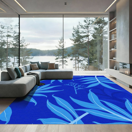 Bright Tropical Leaves Blue Watercolor Rug