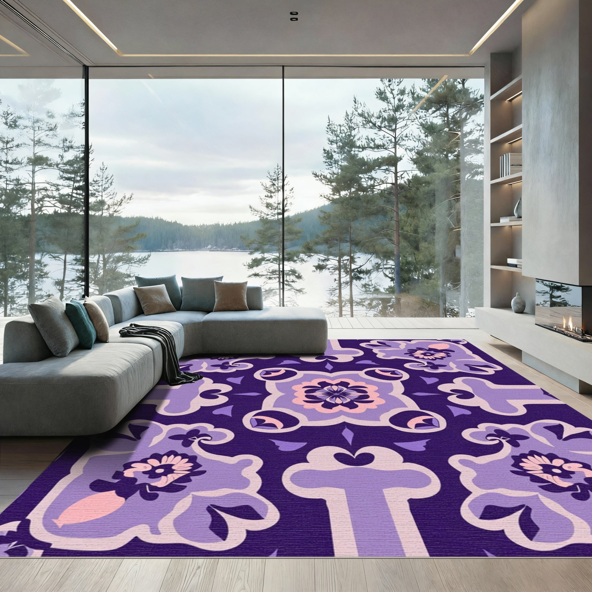 Ornate Amethyst Floral Tile Rug