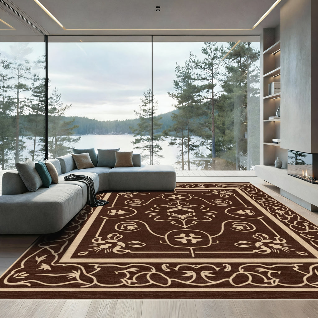 Chocolate Cream Ornate Scroll Vine Artwork Rug